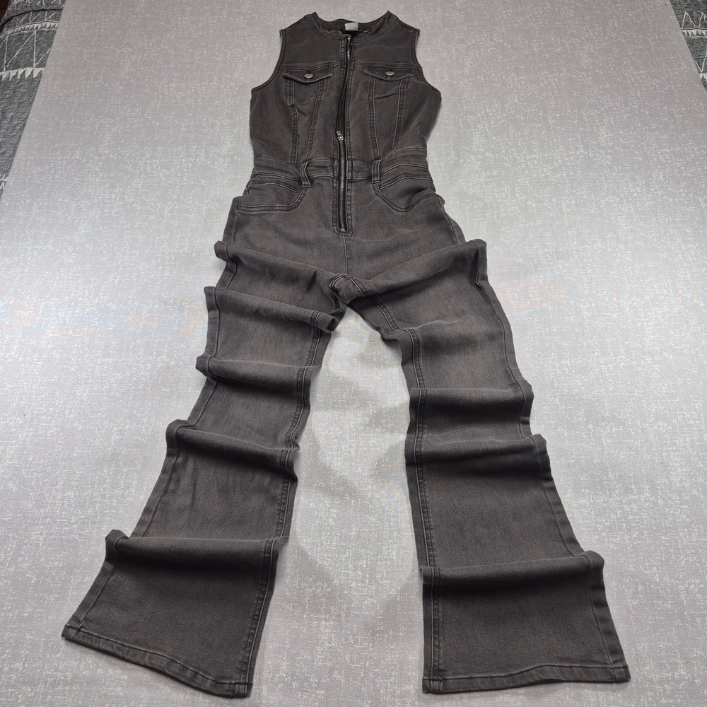 Venus Womens Sleeveless Denim Jumpsuit Gray Washed Flare Leg Zip Front Size 2